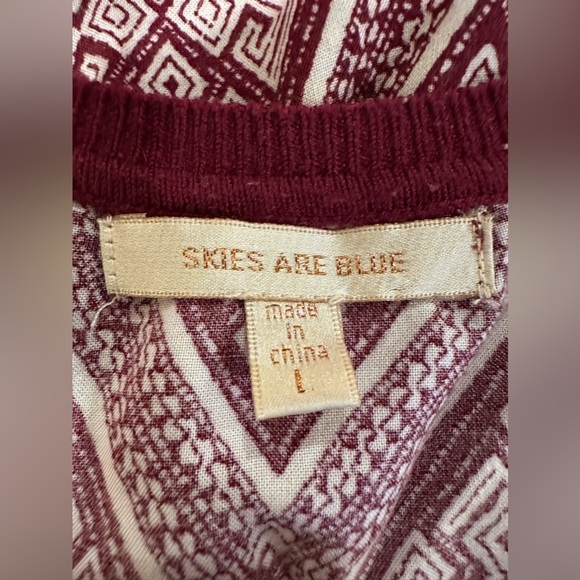 EUC Skies are Blue Top Womens Large Maroon Bandana Mixed Print Boho Popover Knit - Picture 5 of 6